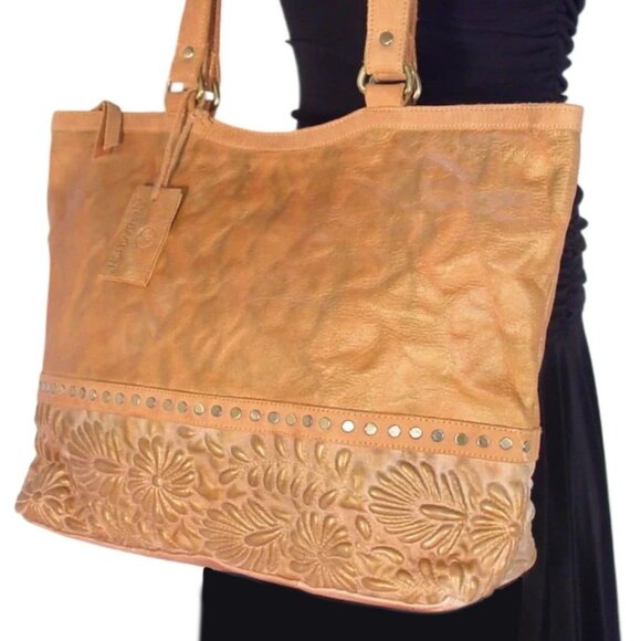 SUNDANCE ANABAGLISH Sunblossom $160 Caramel Leather Tote Bag - HAND MADE - Picture 1 of 13